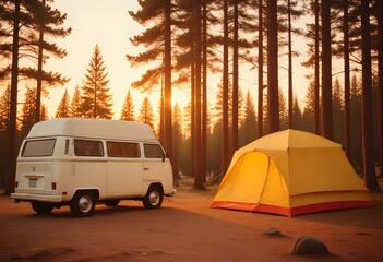 A white camper van parked next to a yellow tent in a forested area with pine trees