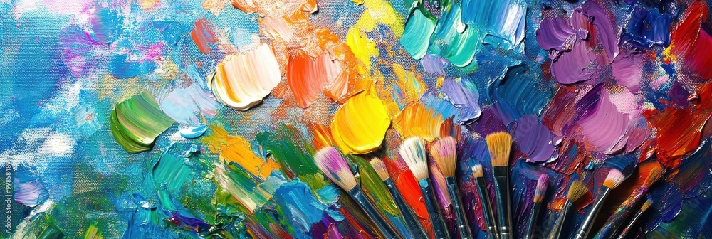 Leinwandbilder Bright splashes of color adorn a palette and paintbrushes rest on a canvas, showcasing abstract brushstrokes in progress. Generative AI