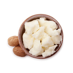 Shea butter in bowl and nuts isolated on white, top view