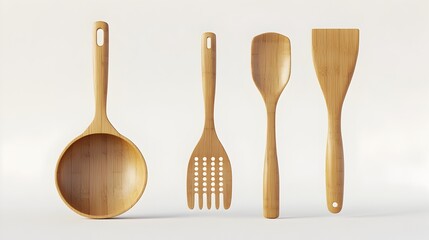 Elegant Bamboo Kitchen Tools Arranged on Minimalist White Background