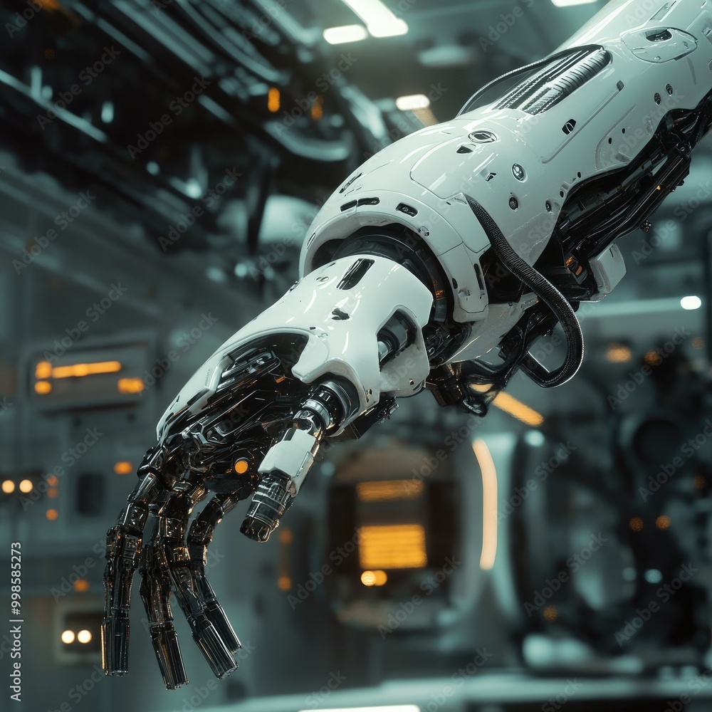 Poster close-up of advanced robotics arm assembling high-tech equipment in a sleek industrial environment.