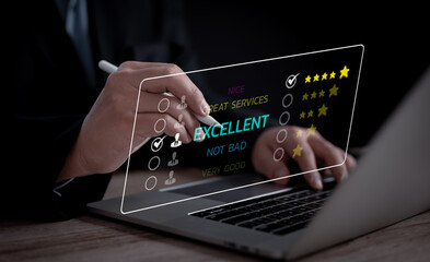 A person selects an excellent rating for services on a digital review platform, highlighting positive customer feedback, high service quality, and user satisfaction in a streamlined interface.