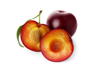 Whole and cut ripe plums isolated on white