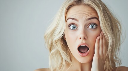 Blonde woman with her hand on her cheek, displaying a surprised and shocked expression, conveying a powerful emotional response