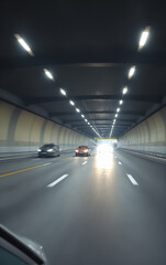 Obraz premium Cars passing along through the tunnel. View from above. Scenery.