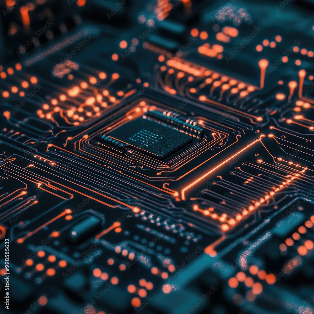 Poster close-up of an electronic circuit board with glowing connections, representing computer hardware and