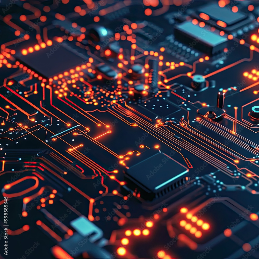 Poster close-up of an electronic circuit board with glowing connections, representing computer hardware and