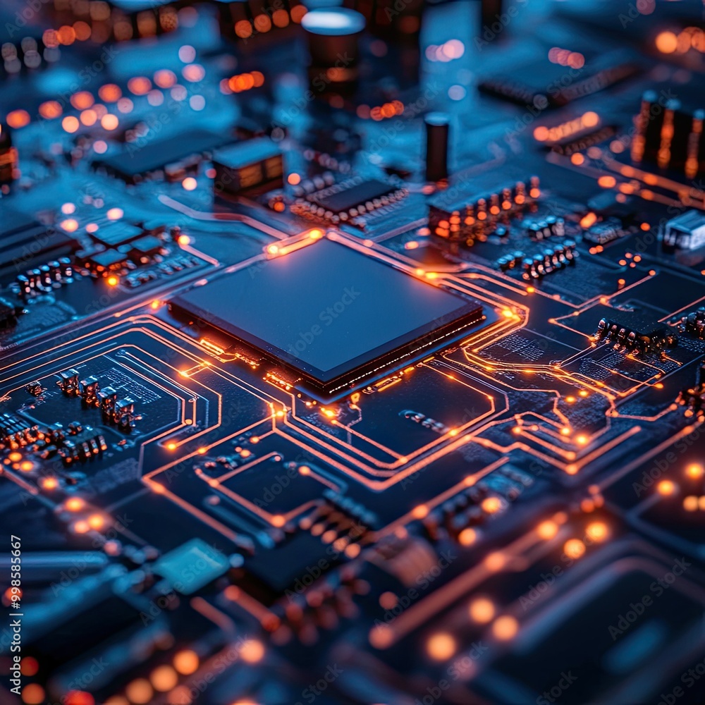 Poster close-up of an electronic circuit board with glowing connections, representing computer hardware and