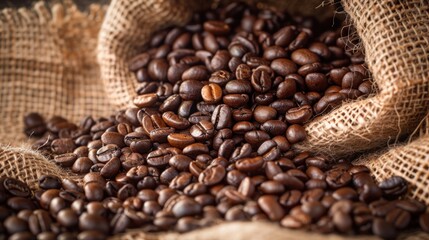 Naklejka premium Close-up of dark roasted coffee beans spilling from burlap sack in warm natural light