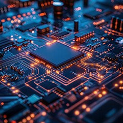 Obraz premium Close-up of an electronic circuit board with glowing connections, representing computer hardware and innovation.