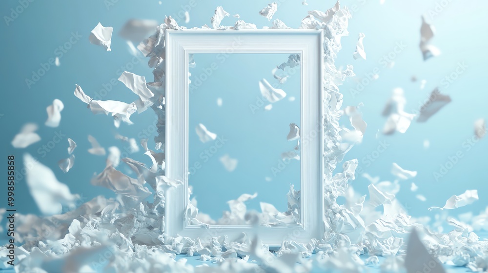 Poster a dynamic scene of a white frame surrounded by swirling paper, creating a sense of motion and creati