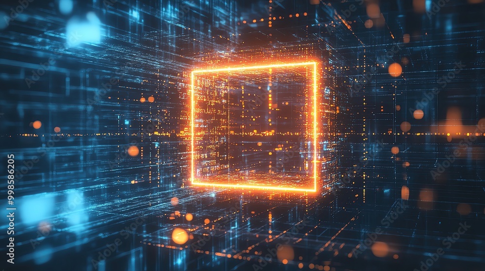 Poster a glowing orange cube surrounded by a dynamic digital background filled with vibrant blue lines and 
