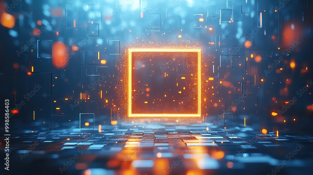 Aufkleber futuristic digital space with glowing neon square, abstract light particles, and a tech-inspired bac