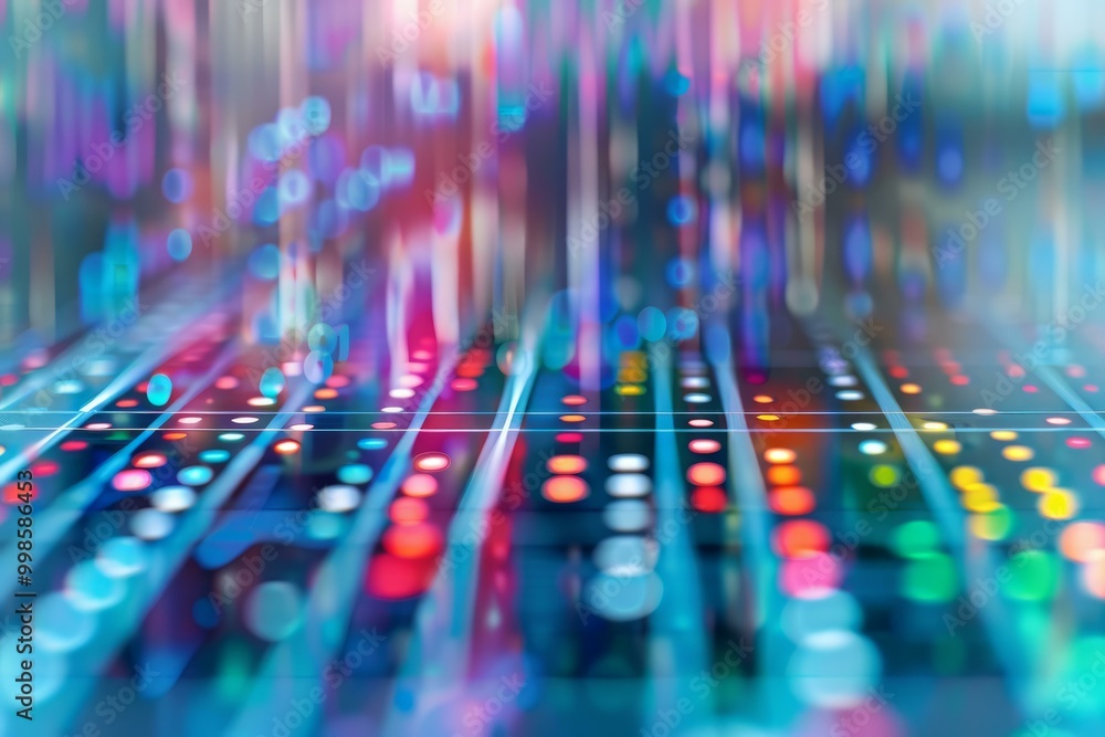 Poster abstract background showing colorful data flowing on digital surface with blurred background