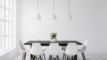 A minimalist dining area with a clean black dining table and white chairs, set against a white background. The room is styled with a single pendant light and no other decor to maintain simplicity