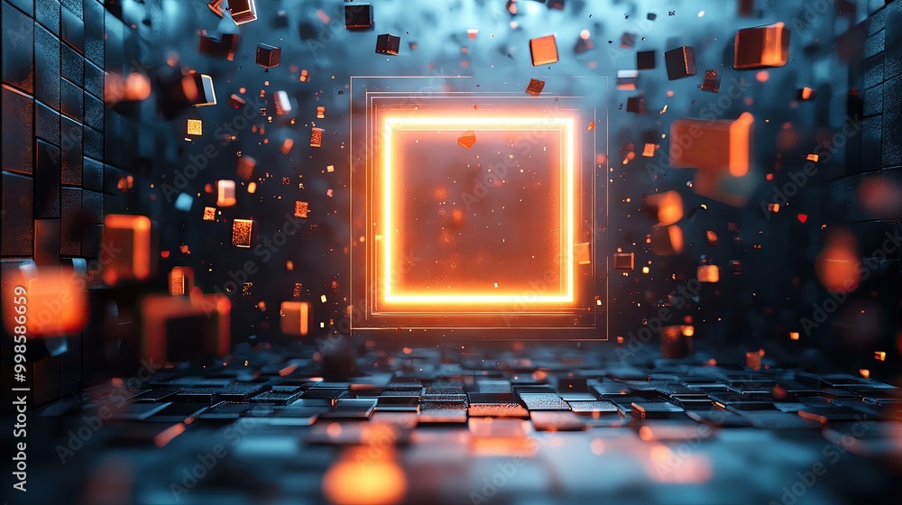 Poster futuristic digital tunnel with glowing neon elements, featuring floating cubes and a luminous rectan