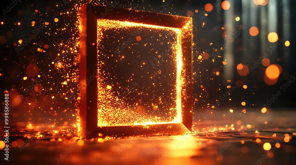 Poster a glowing square frame surrounded by vibrant orange sparks and particles, creating a magical and dyn