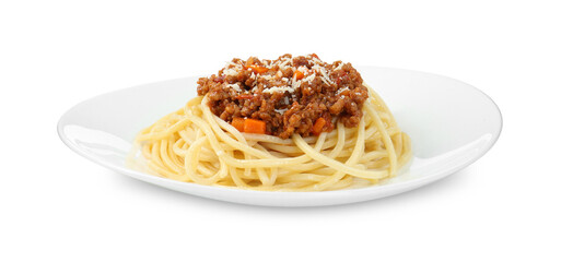 Plate with tasty pasta bolognese isolated on white