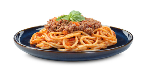 Delicious pasta bolognese with basil isolated on white