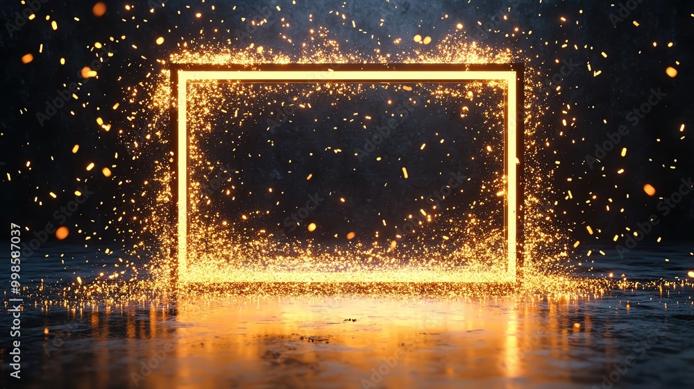 Poster an illuminated golden frame surrounded by dynamic sparks, creating a captivating visual effect on a 