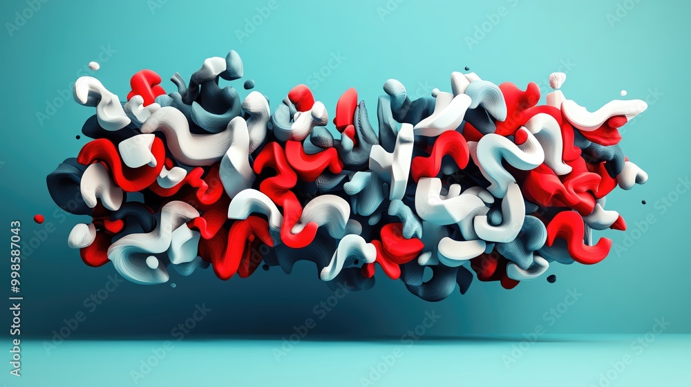 Poster abstract colorful fluid shapes in red, white, and blue, creating a vibrant and dynamic visual agains