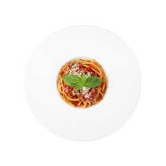 Delicious pasta bolognese with basil isolated on white, top view