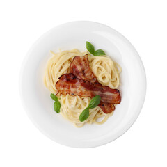 Delicious pasta Carbonara with bacon and basil isolated on white, top view