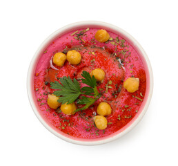 Tasty beetroot hummus and chickpeas in bowl isolated on white, top view