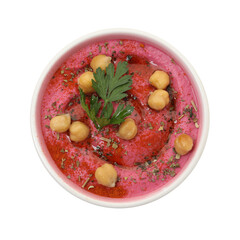 Tasty beetroot hummus and chickpeas in bowl isolated on white, top view