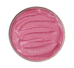 Tasty beetroot hummus in bowl isolated on white, top view