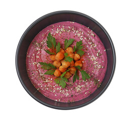 Tasty beetroot hummus and chickpeas in bowl isolated on white, top view
