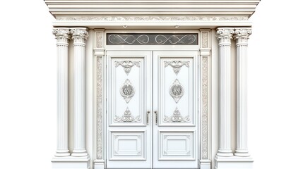 Obraz premium Elegant white double door with decorative carvings and glass panels on a transparent background clipart isolate