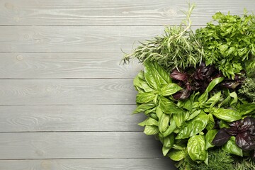 Different fresh herbs in basket on light grey wooden table, top view. Space for text