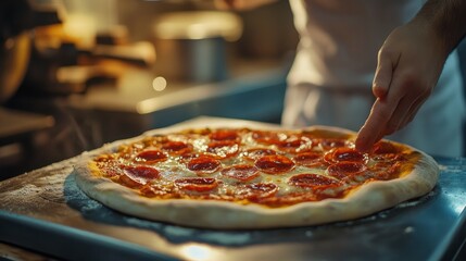 Pizza maker makes pizza with pepperoni.