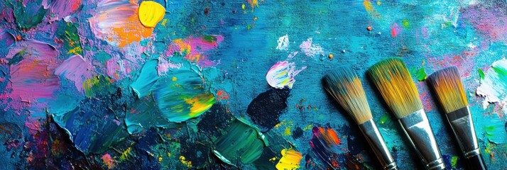 Fototapeta premium Bright splashes of color cover a painter's palette, while paintbrushes lie next to a canvas filled with expressive abstract strokes. Generative AI