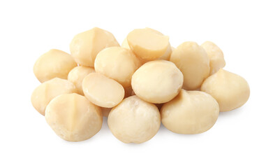 Pile of peeled macadamia nuts isolated on white