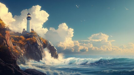 Fototapeta premium Coastal cliffs with waves crashing below, and a lighthouse standing tall under a clear sky.