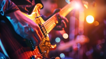 Obraz premium Guitarist on stage and sings in a concert for background, soft and blur concept