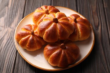 Tasty pumpkin shaped buns on wooden table, closeup