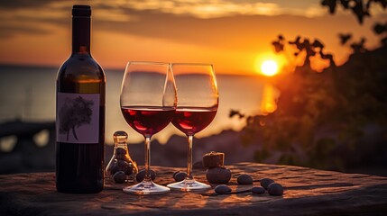 A wine glass and bottle of red wine set against a sunset backdrop