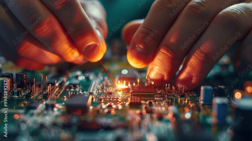 Poster hands soldering electronic components on a circuit board representing technical expertise in electro