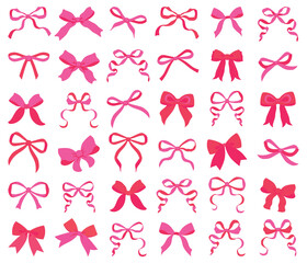Vector Illustrations of pink vintage bow set. Bow for girly hair decor, flat icons. Ribbons isolated. Trendy girls accessories. Cute hairstyle elements collection.Simple handdrawn pink ribbon bow
