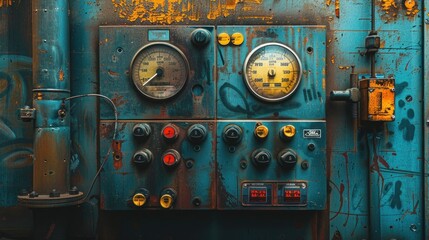 Industrial banner with control panel close-up, buttons and dials, gradient background