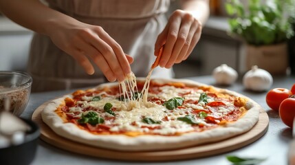 Close-up of a woman spreading cheese on pizza at a gray table