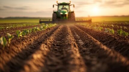 A green tractor working through the furrows of a field with young crops sprouting, captured during...