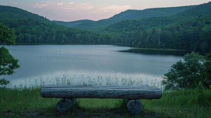 Obraz premium A rustic wooden bench sits at the edge of a serene lake, overlooking a peaceful vista of rolling hills and lush greenery. The tranquil atmosphere invites relaxation and contemplation.