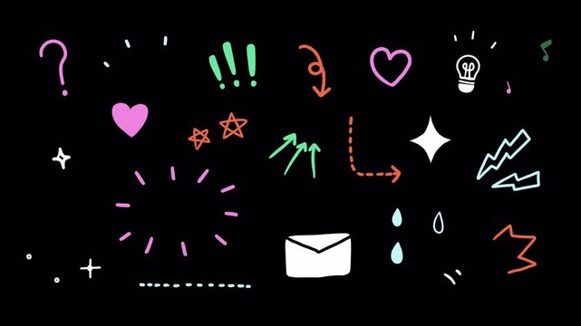 Cute doodle icons, wiggle animation stickers: question marks, arrows, stars, sparkles, light bulb, heart, music notes, surprised, clean colorful line on a transparent background, alpha channel	
