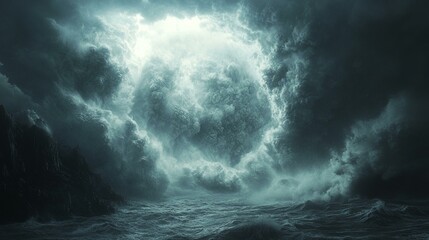 the Weather disaster scene with a hurricane approaching a coastline, rendered in dark tones.