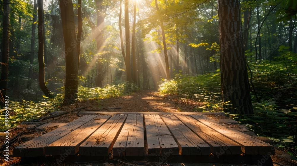 Poster sunbeams illuminate a forest path with a wooden platform in the foreground.