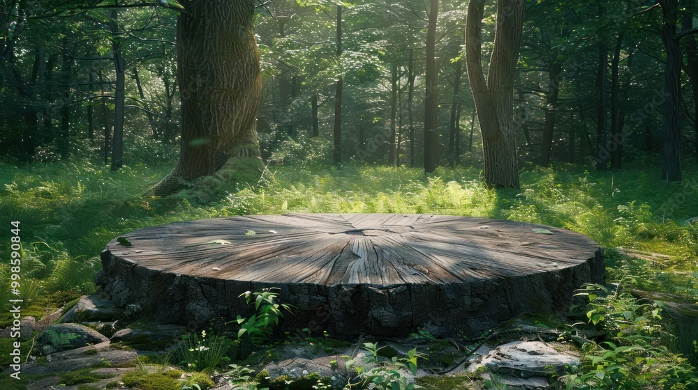 Poster a large tree stump in a forest setting with a mossy base.